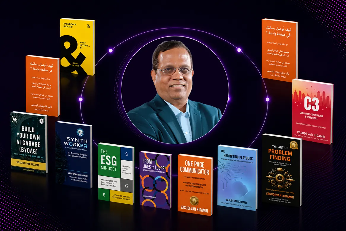 Vasudevan Kidambi surrounded by his published books, including Amazon #1 Best Seller in Artificial Intelligence (Prompt Engineering)
